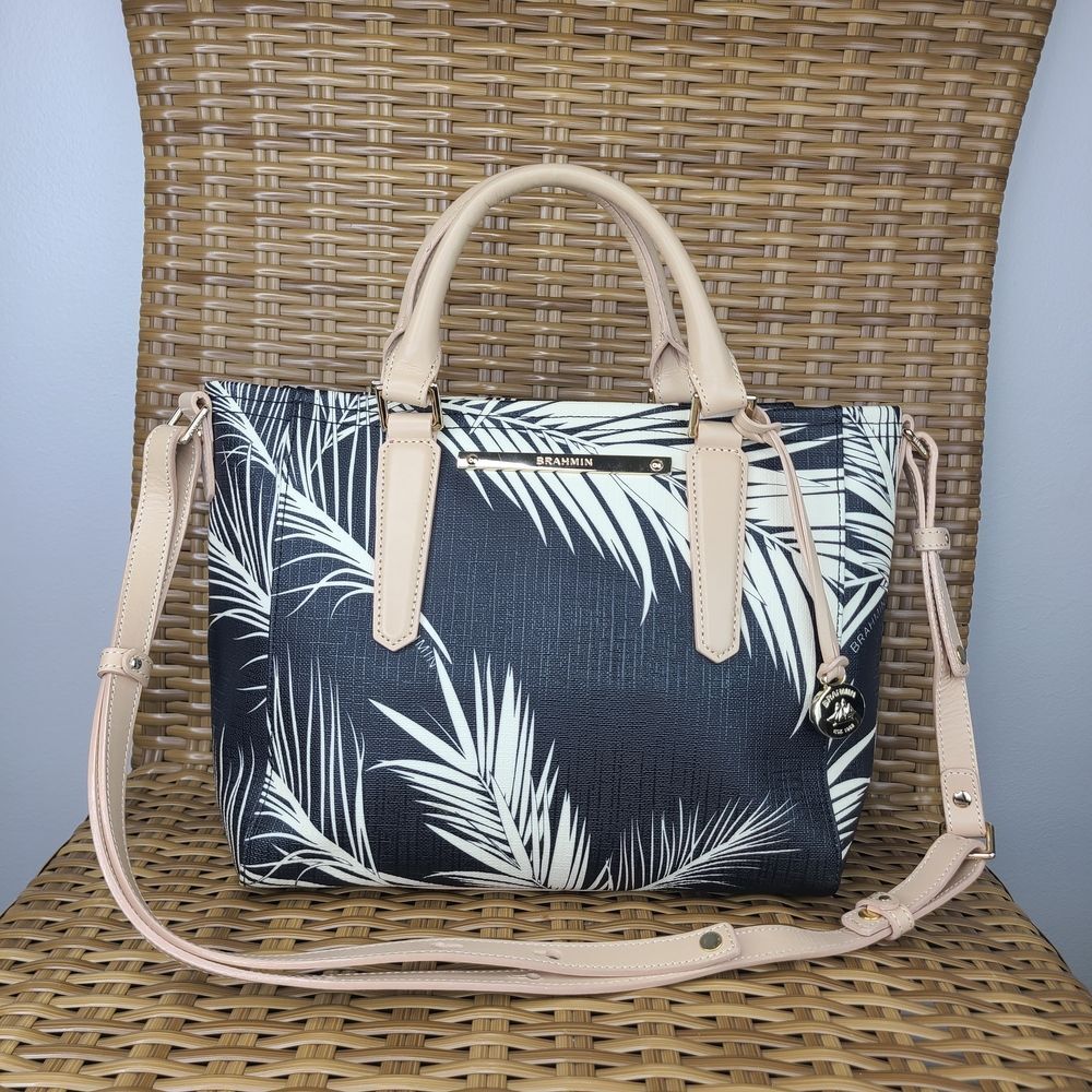 Brahmin Tropical Satchel Tote Bag Saffiano Leather Black White Gold Charm Fob